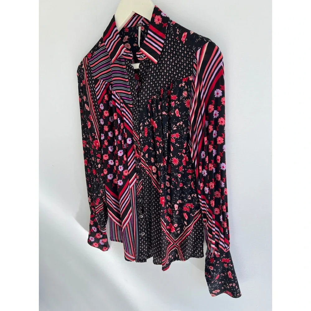 Free People Hazel Buttondown Black Combo Floral Stripe‎ Blouse XS Boho Top